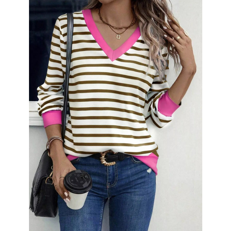 Striped V-Neck Long Sleeve T-Shirt Apparel and Accessories