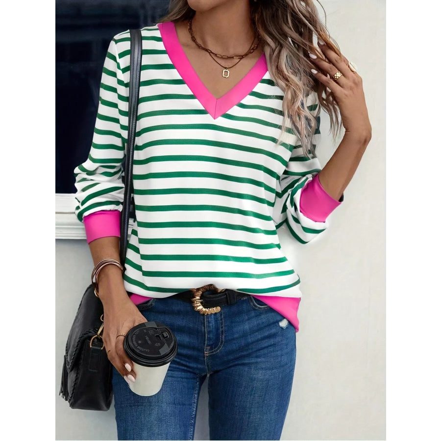 Striped V-Neck Long Sleeve T-Shirt Apparel and Accessories