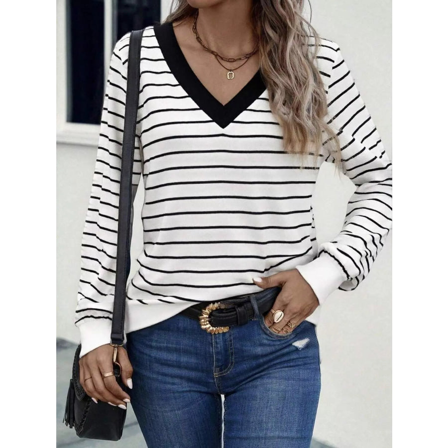 Striped V-Neck Long Sleeve T-Shirt Apparel and Accessories