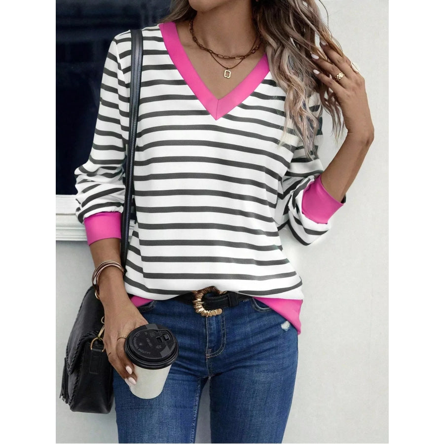 Striped V-Neck Long Sleeve T-Shirt Apparel and Accessories