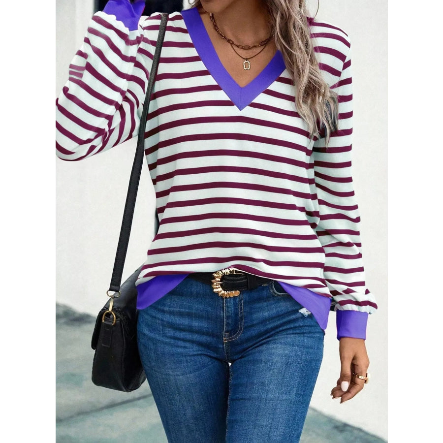 Striped V-Neck Long Sleeve T-Shirt Apparel and Accessories