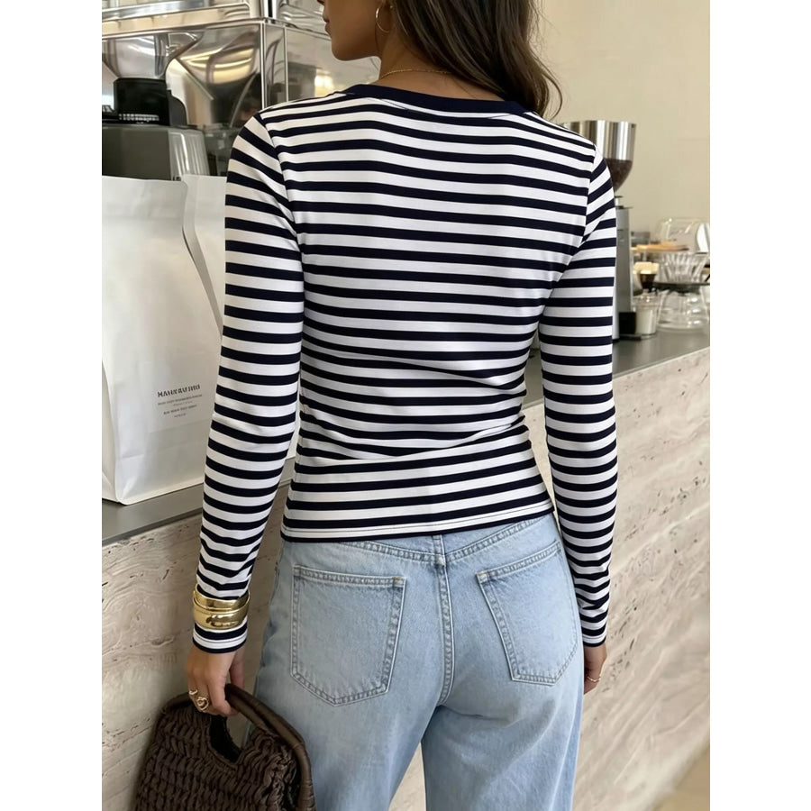 Striped V-Neck Long Sleeve T-Shirt Apparel and Accessories