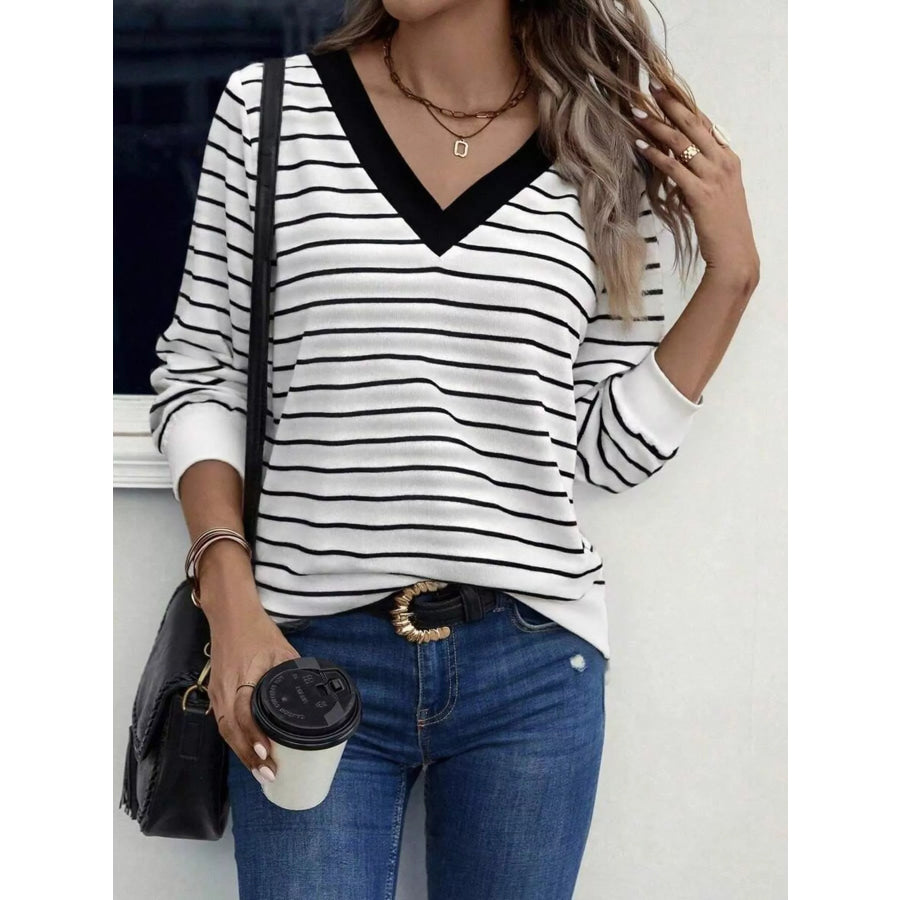 Striped V-Neck Long Sleeve T-Shirt Black / S Apparel and Accessories