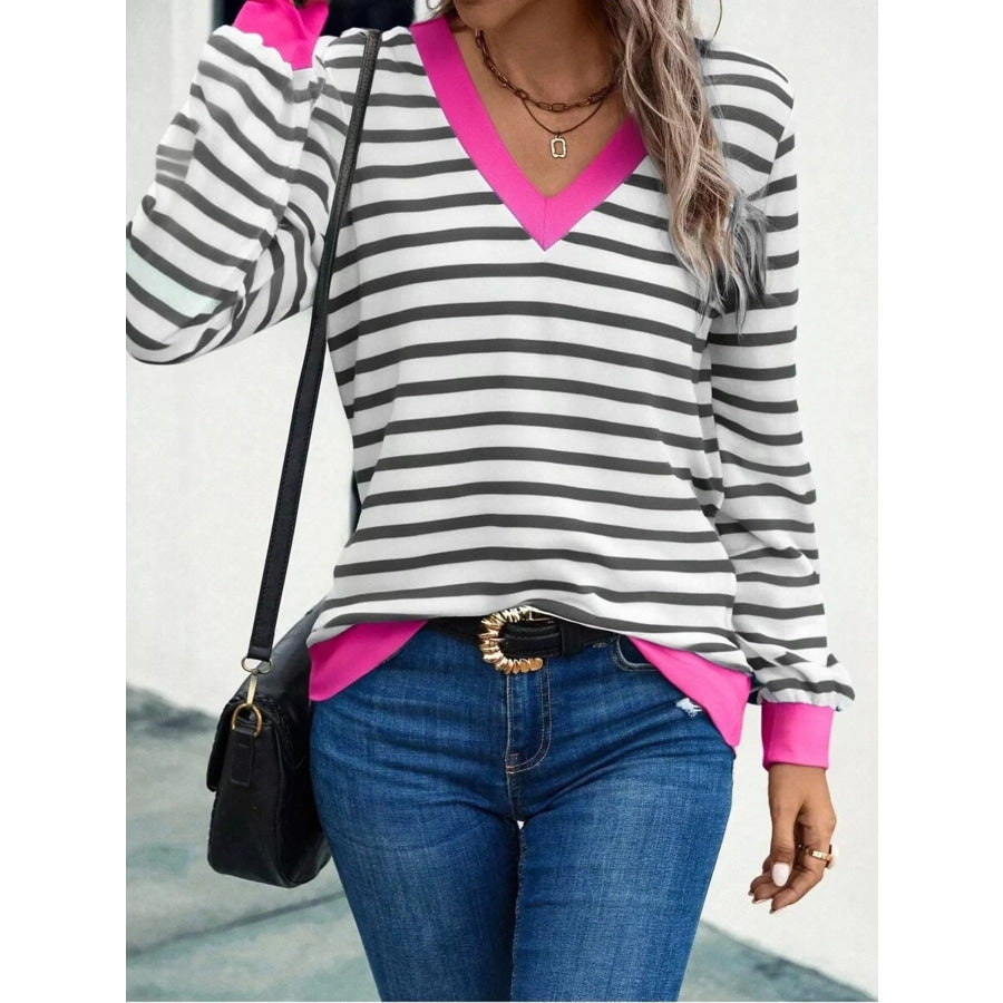 Striped V-Neck Long Sleeve T-Shirt Gray / S Apparel and Accessories