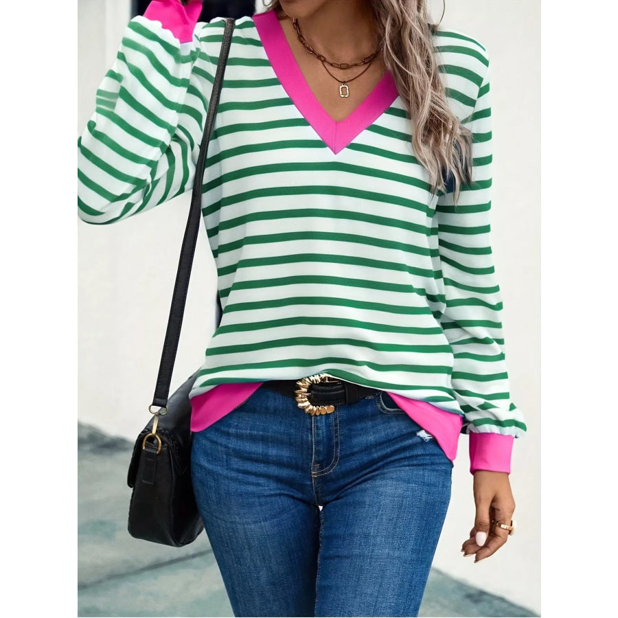 Striped V-Neck Long Sleeve T-Shirt Green / S Apparel and Accessories