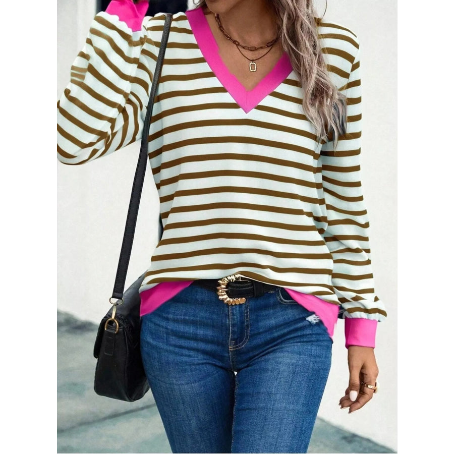 Striped V-Neck Long Sleeve T-Shirt Khaki / S Apparel and Accessories