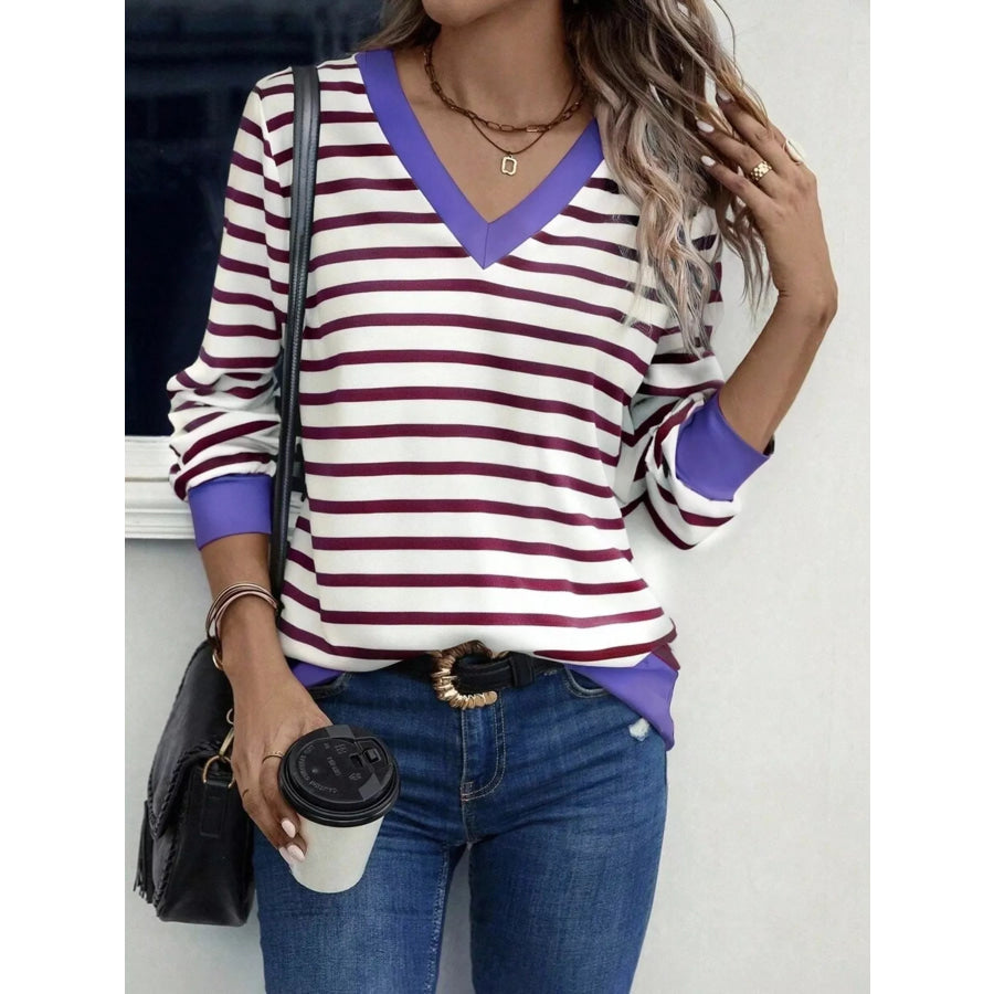 Striped V-Neck Long Sleeve T-Shirt Purple / S Apparel and Accessories