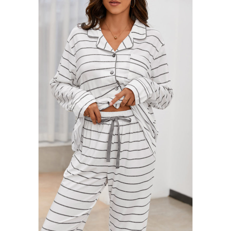 Striped V-Neck Long Sleeve Top and Pants Lounge Set Apparel and Accessories