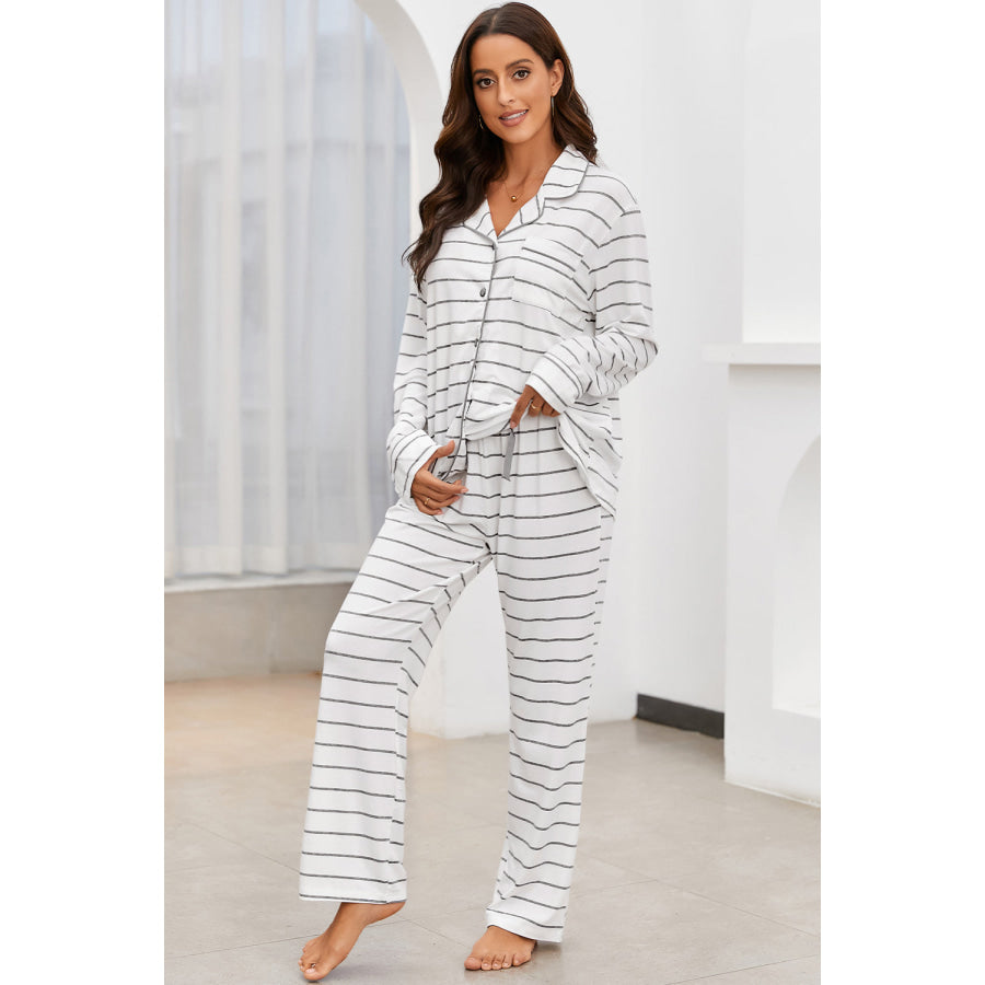 Striped V-Neck Long Sleeve Top and Pants Lounge Set Apparel and Accessories