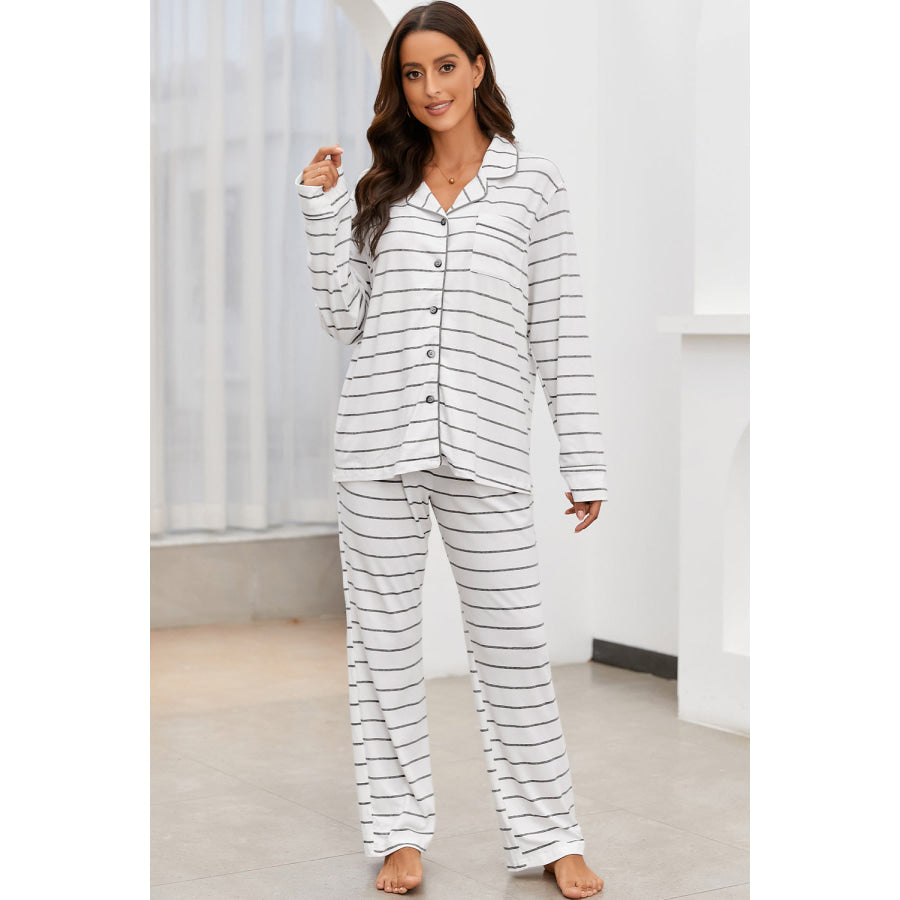 Striped V-Neck Long Sleeve Top and Pants Lounge Set Apparel and Accessories