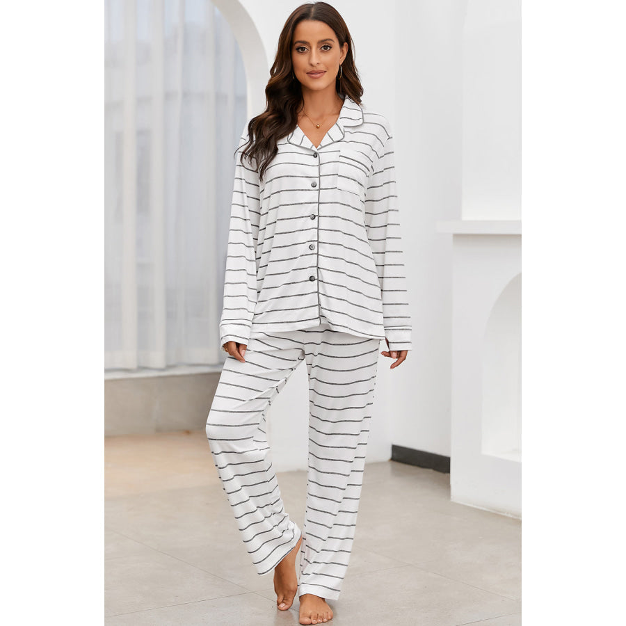 Striped V-Neck Long Sleeve Top and Pants Lounge Set Stripe / S Apparel and Accessories