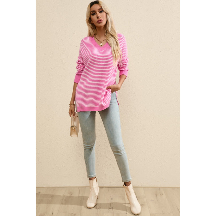 Striped V-Neck Long Sleeve Top Apparel and Accessories