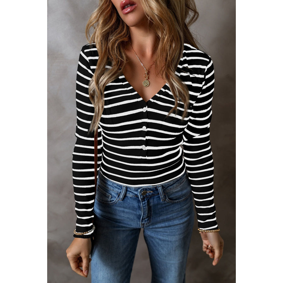 Striped V-Neck Long Sleeve Top Apparel and Accessories