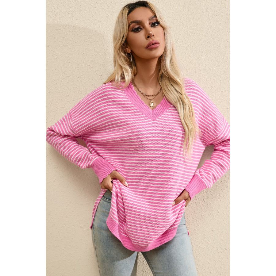 Striped V-Neck Long Sleeve Top Apparel and Accessories