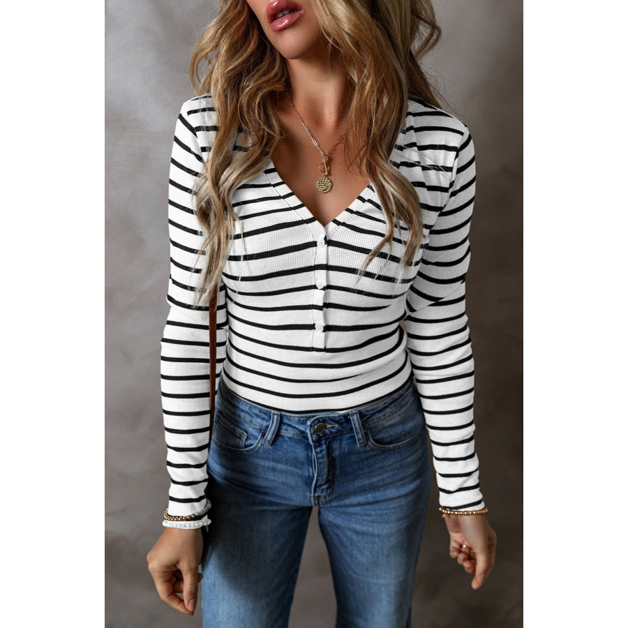 Striped V-Neck Long Sleeve Top Apparel and Accessories