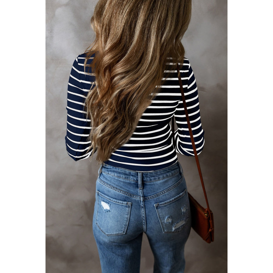 Striped V-Neck Long Sleeve Top Apparel and Accessories