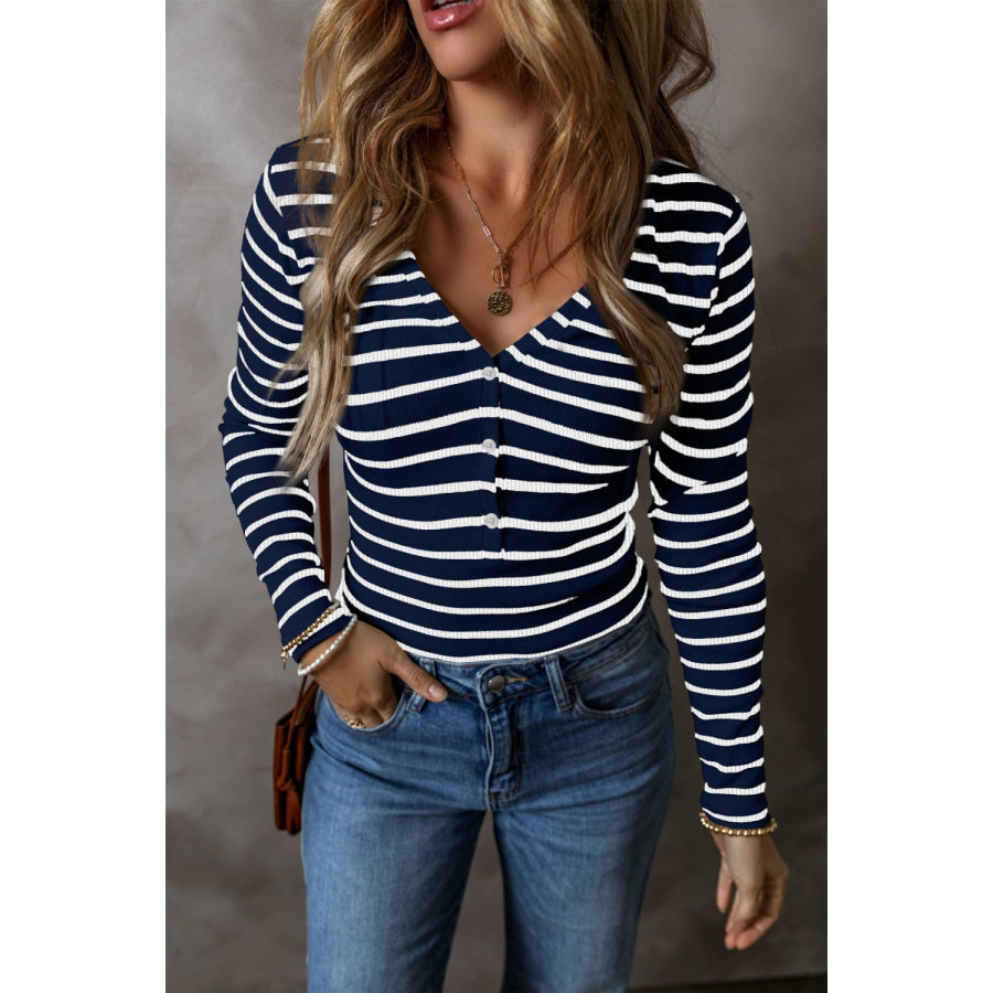 Striped V-Neck Long Sleeve Top Apparel and Accessories