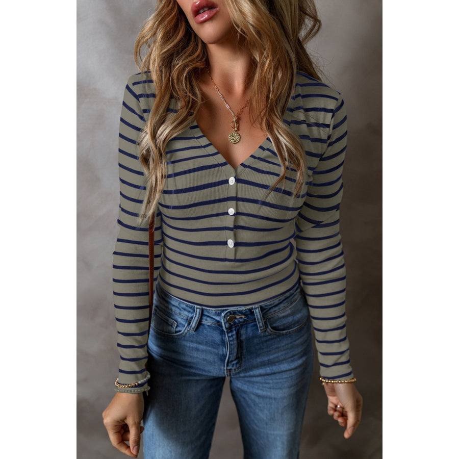 Striped V-Neck Long Sleeve Top Apparel and Accessories