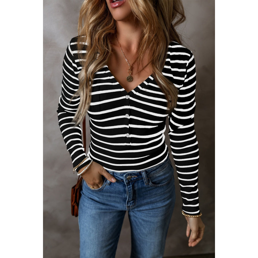 Striped V-Neck Long Sleeve Top Black / S Apparel and Accessories