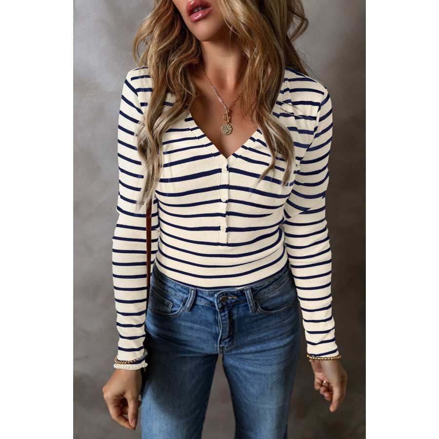 Striped V-Neck Long Sleeve Top Dark Blue / S Apparel and Accessories