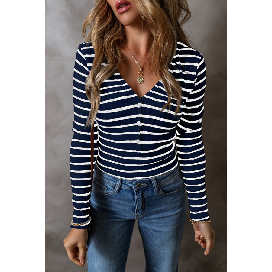 Striped V-Neck Long Sleeve Top Dark Navy / S Apparel and Accessories