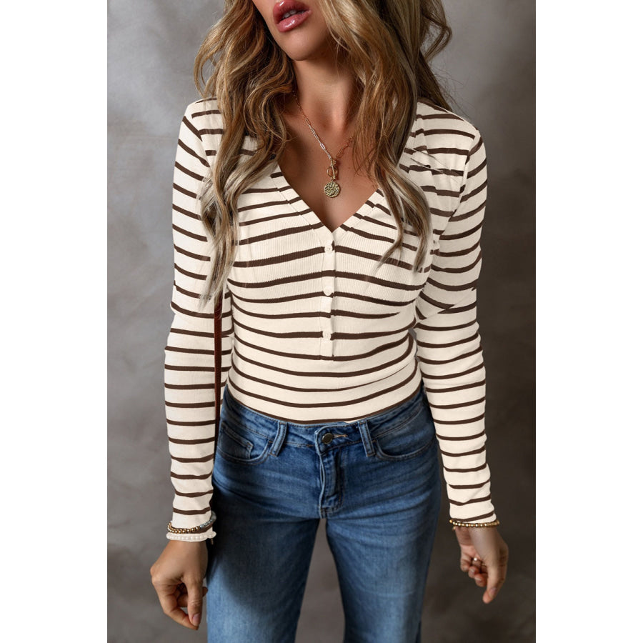 Striped V-Neck Long Sleeve Top Dust Storm / S Apparel and Accessories