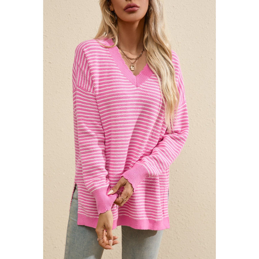 Striped V-Neck Long Sleeve Top Pink / S Apparel and Accessories