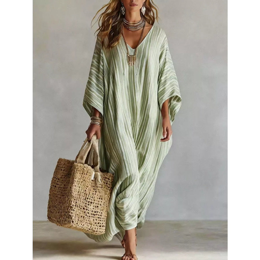 Striped V-Neck Maxi Dress Light Green / S Apparel and Accessories