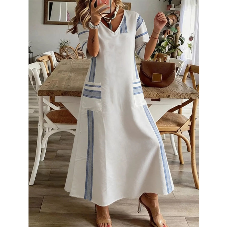 Striped V-Neck Maxi Dress White / S Apparel and Accessories