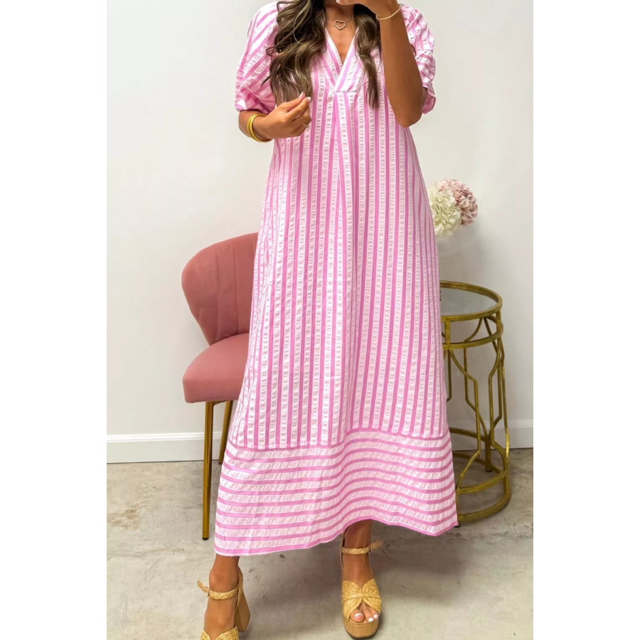 Striped V-Neck Midi Dress Apparel and Accessories