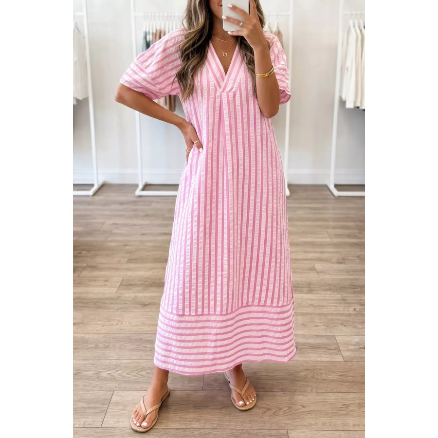 Striped V-Neck Midi Dress Blush Pink / S Apparel and Accessories