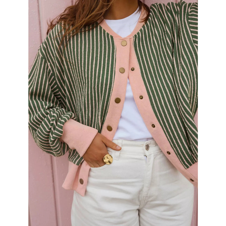 Striped V Neck Patchwork Long Sleeve Regular Fit Cardigan Apparel and Accessories