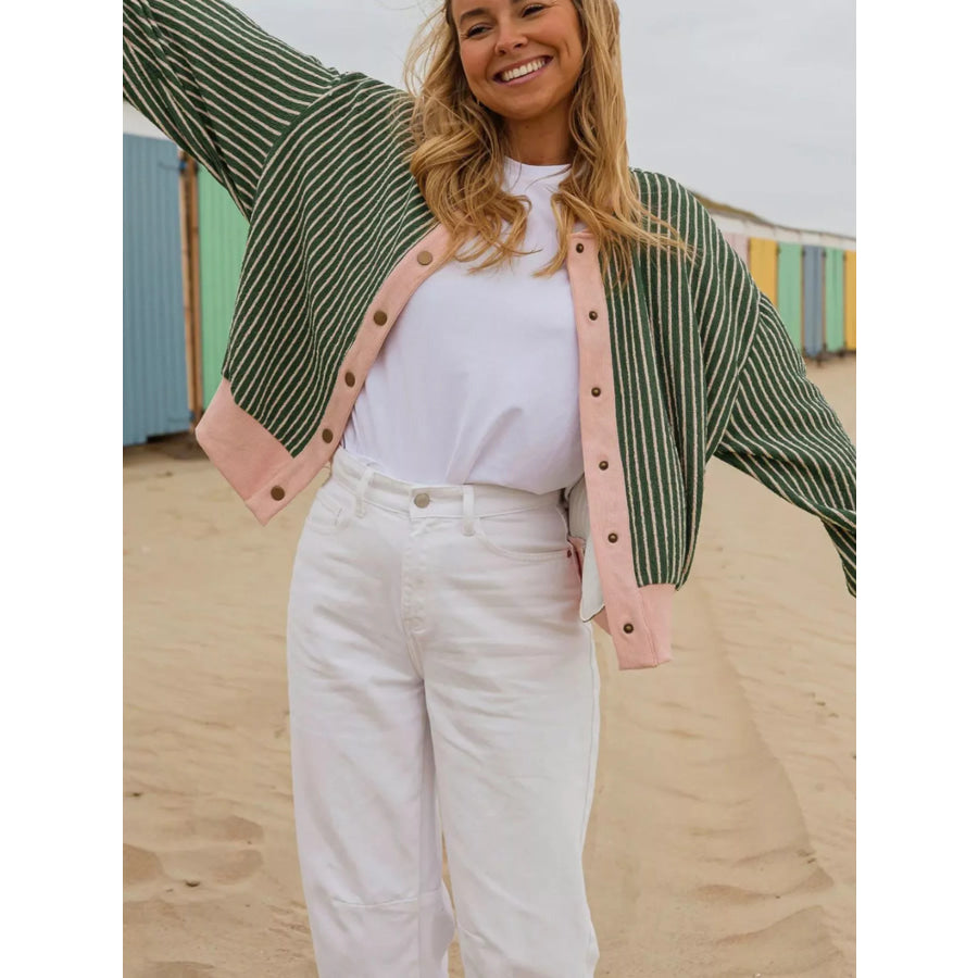 Striped V Neck Patchwork Long Sleeve Regular Fit Cardigan Apparel and Accessories