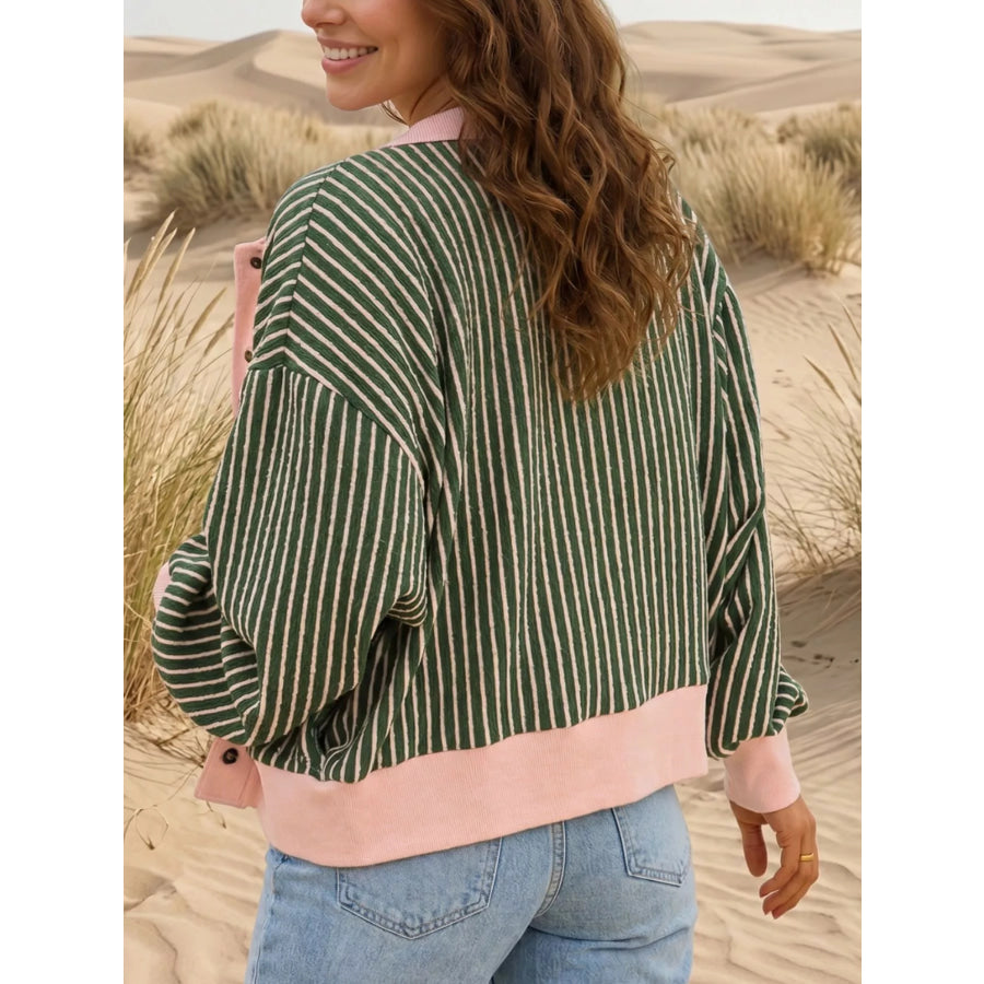 Striped V Neck Patchwork Long Sleeve Regular Fit Cardigan Apparel and Accessories
