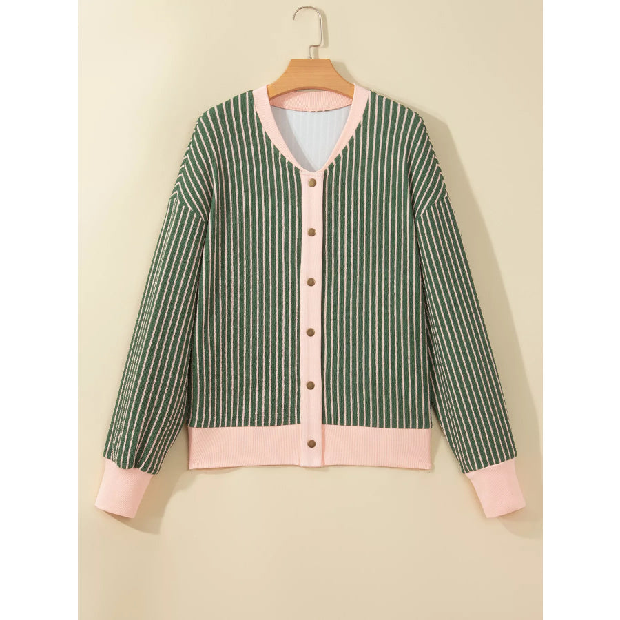 Striped V Neck Patchwork Long Sleeve Regular Fit Cardigan Apparel and Accessories