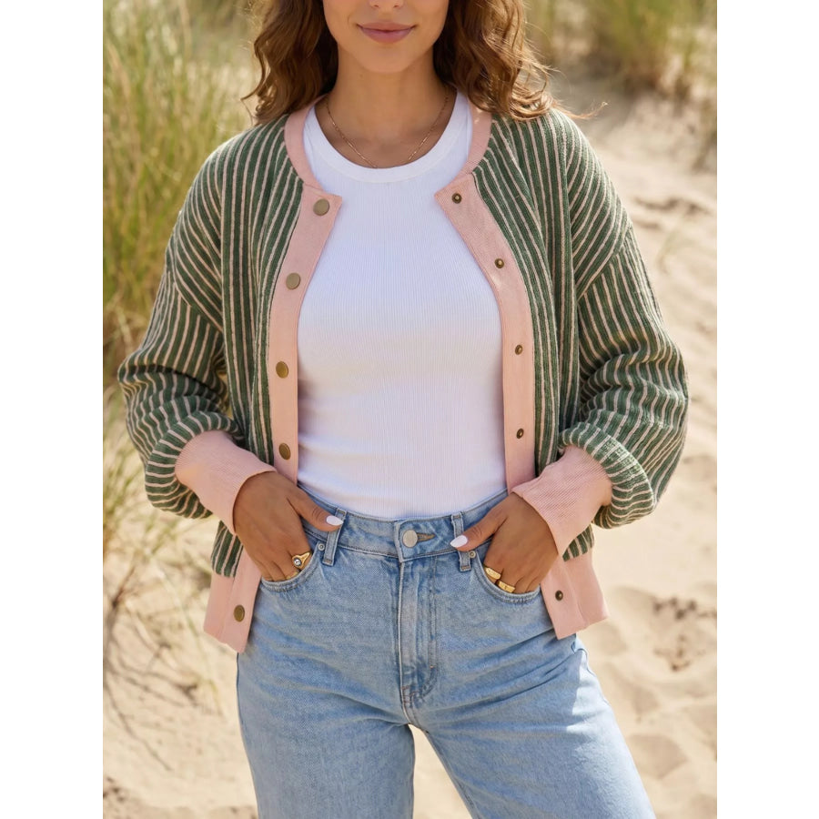 Striped V Neck Patchwork Long Sleeve Regular Fit Cardigan Moss / S Apparel and Accessories