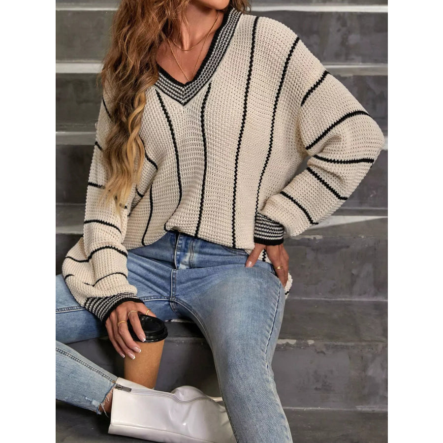 Striped V-Neck Relaxed Fit Sweater Apparel and Accessories