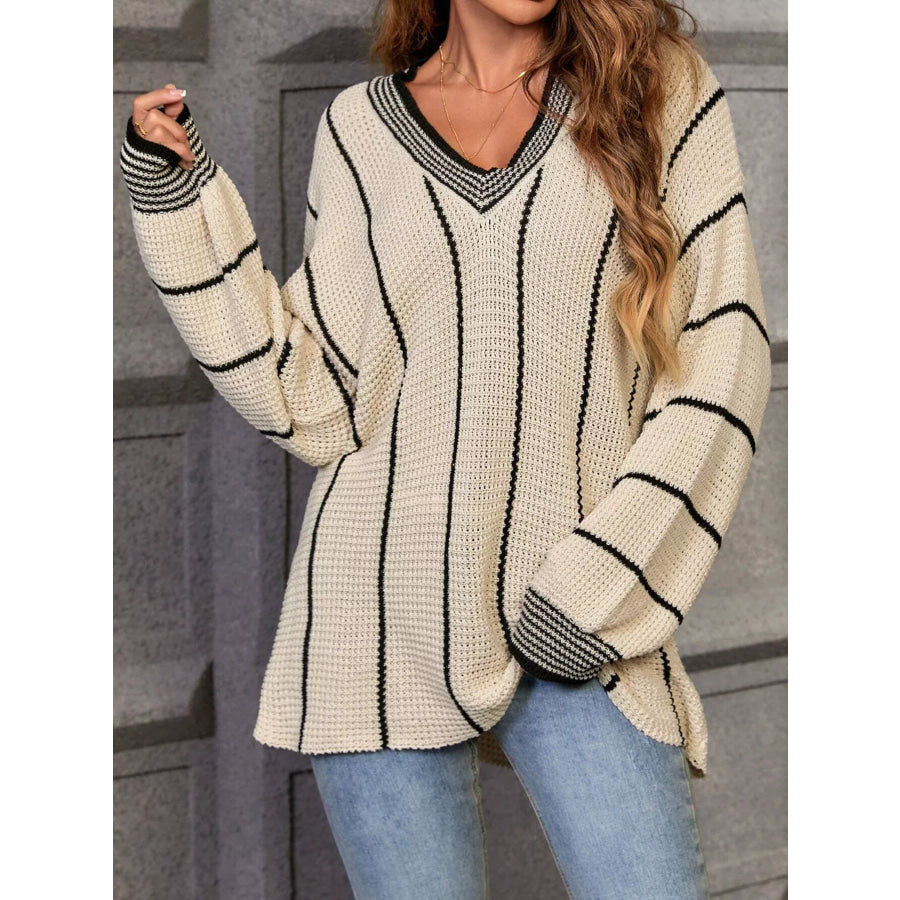 Striped V-Neck Relaxed Fit Sweater Apparel and Accessories