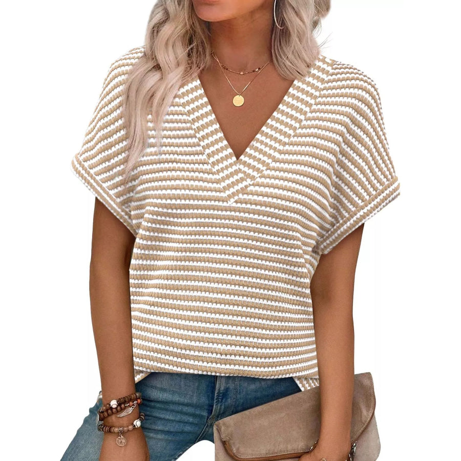 Striped V-Neck Relaxed Fit T-Shirt Beige / S Apparel and Accessories