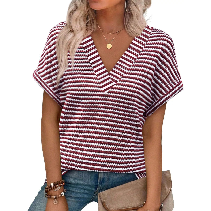 Striped V-Neck Relaxed Fit T-Shirt Burgundy / S Apparel and Accessories