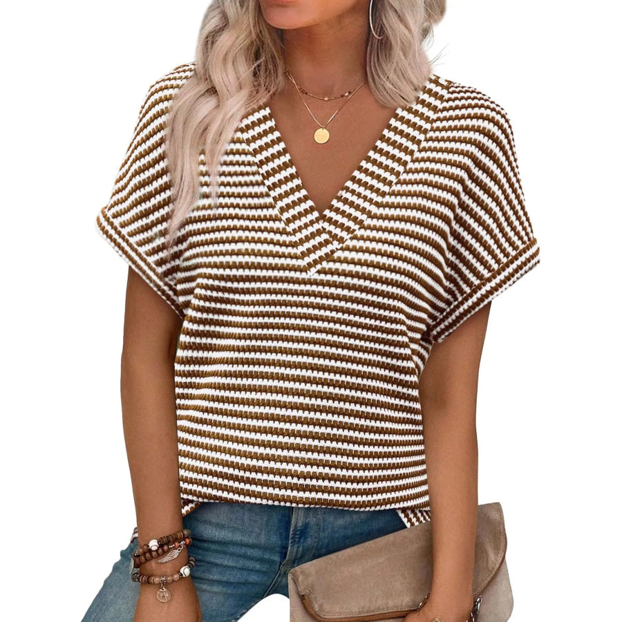 Striped V-Neck Relaxed Fit T-Shirt Red / S Apparel and Accessories