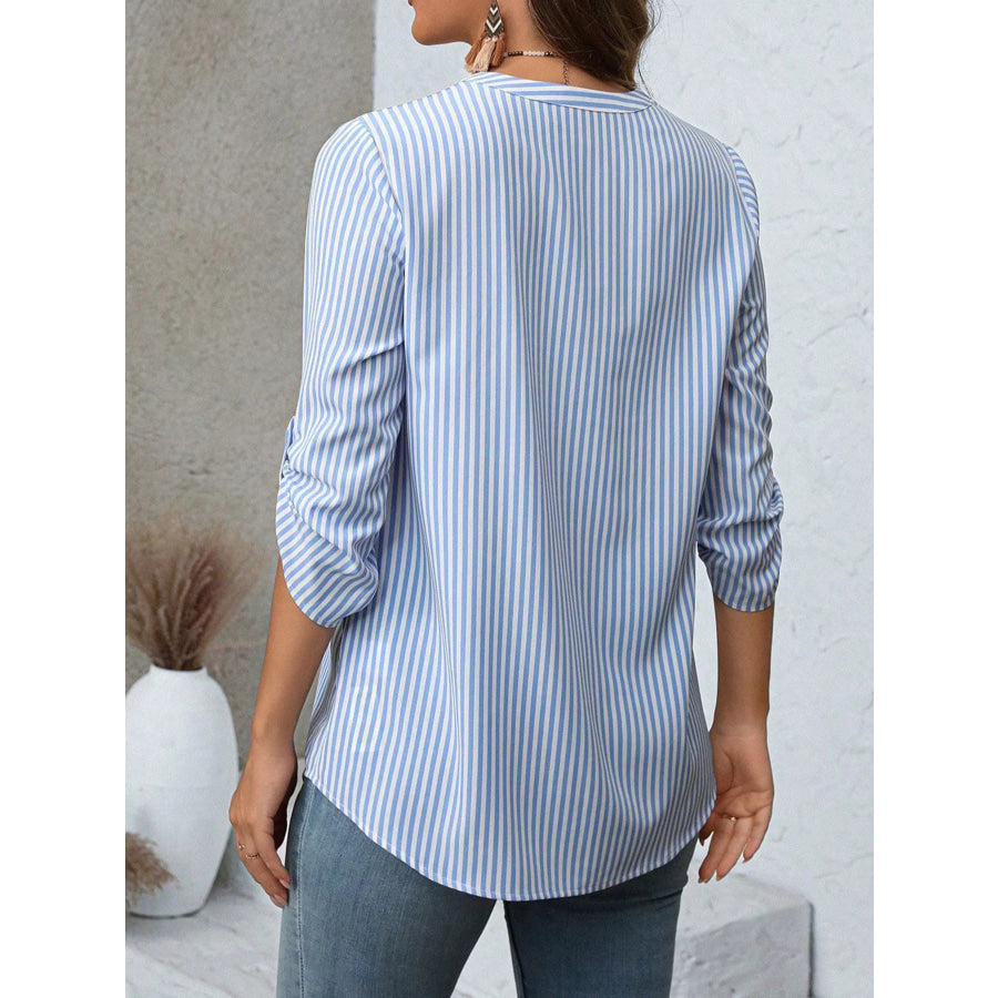 Striped V-Neck Roll-Up Sleeve Blouse Apparel and Accessories