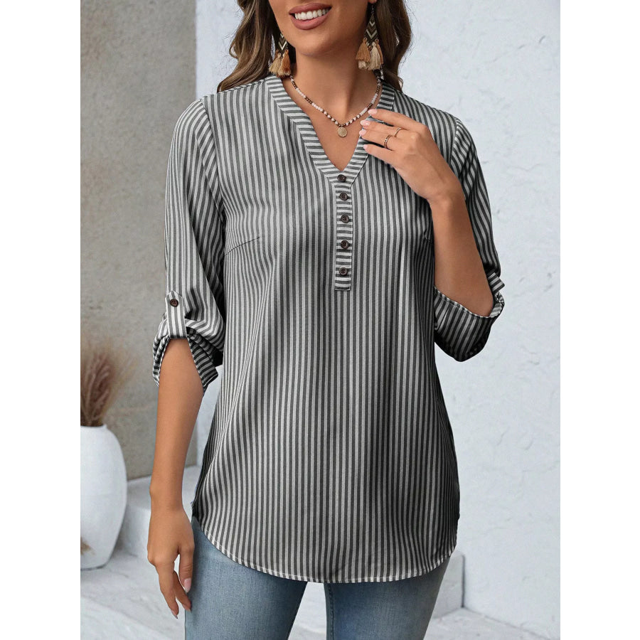 Striped V-Neck Roll-Up Sleeve Blouse Apparel and Accessories