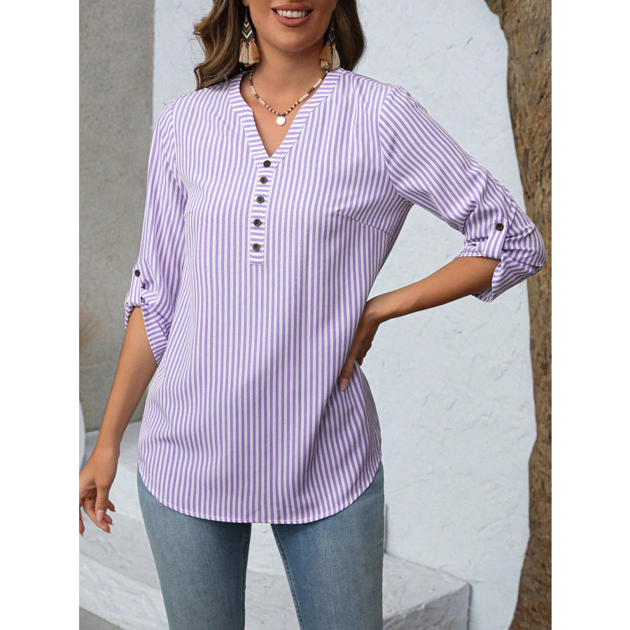 Striped V-Neck Roll-Up Sleeve Blouse Apparel and Accessories