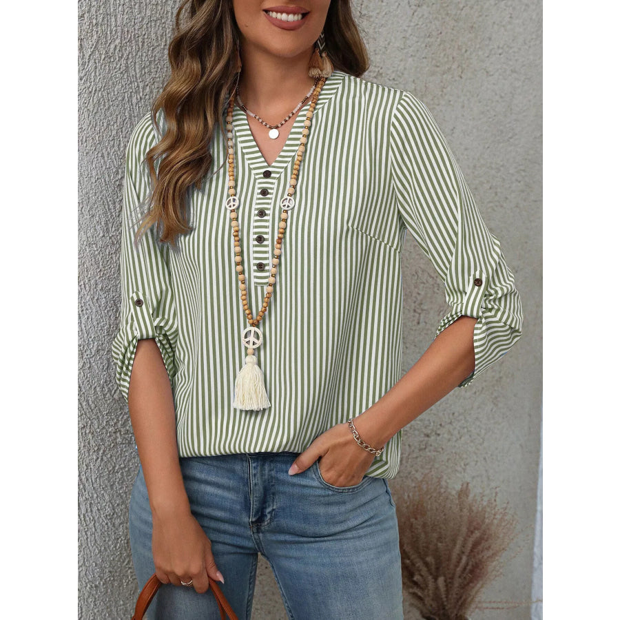 Striped V-Neck Roll-Up Sleeve Blouse Apparel and Accessories