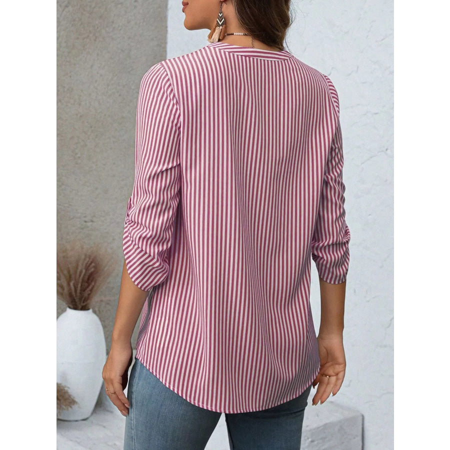 Striped V-Neck Roll-Up Sleeve Blouse Apparel and Accessories