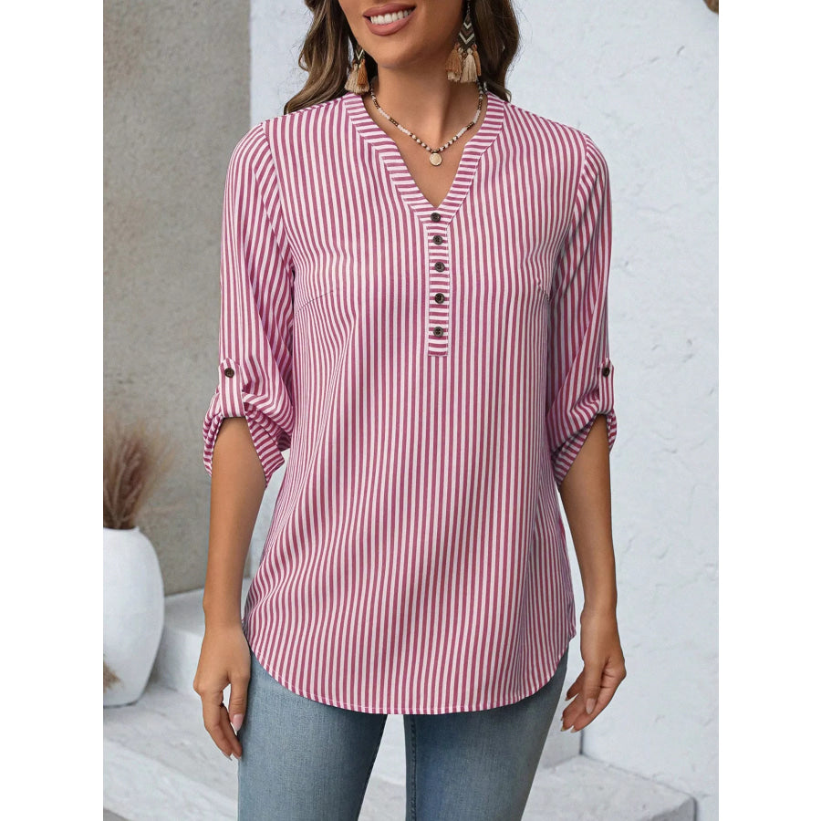 Striped V-Neck Roll-Up Sleeve Blouse Apparel and Accessories
