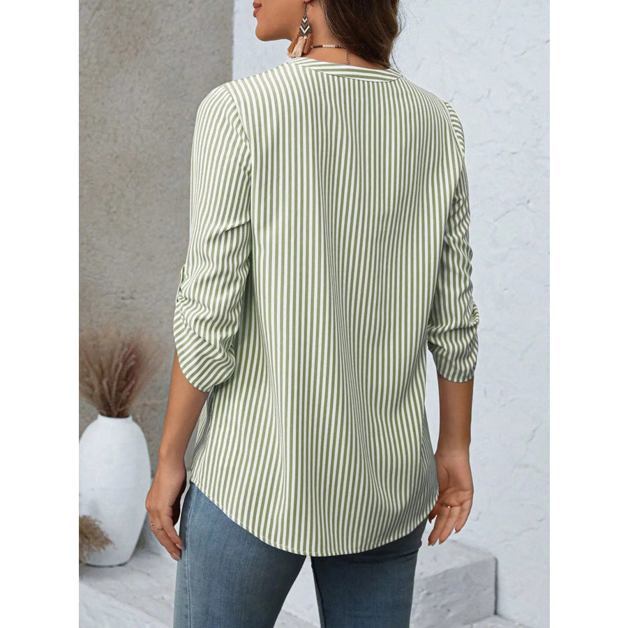 Striped V-Neck Roll-Up Sleeve Blouse Apparel and Accessories