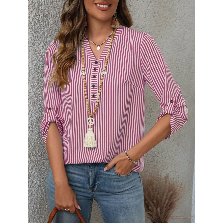 Striped V-Neck Roll-Up Sleeve Blouse Apparel and Accessories