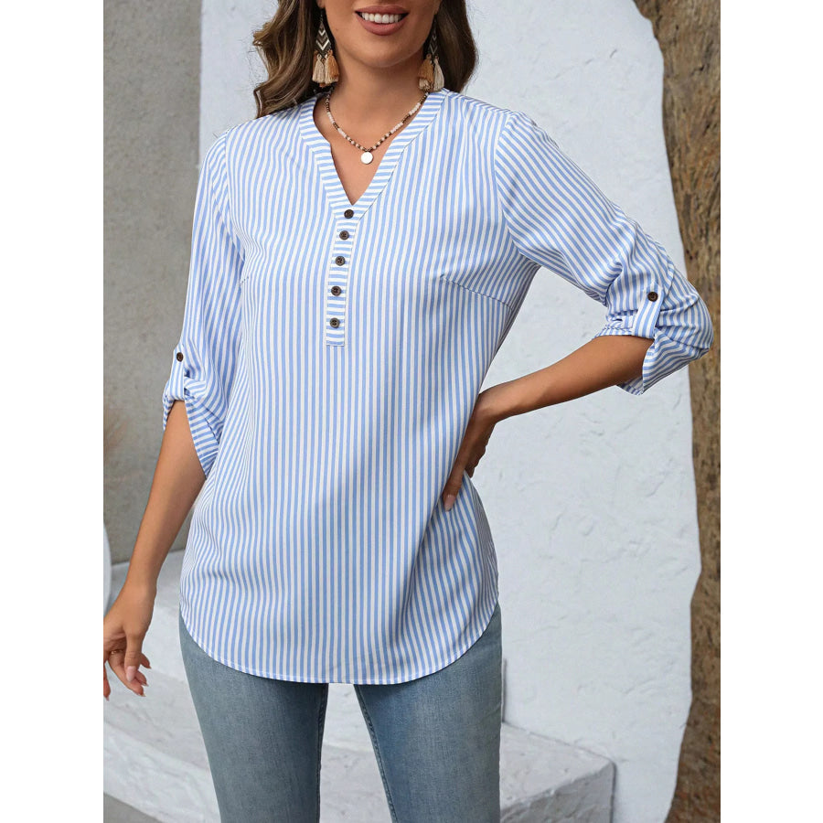 Striped V-Neck Roll-Up Sleeve Blouse Apparel and Accessories